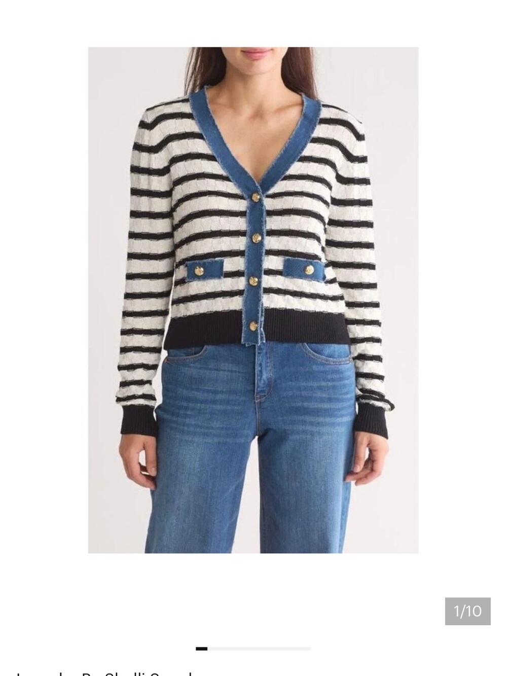 Laundry By Shelli Segal Black & White Striped Cardigan with Denim Trim